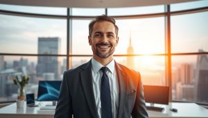 Generate an image of a modern real estate professional using a tablet with the Inmowa Smart Property System interface on the screen. Digital Real Estate Advisor