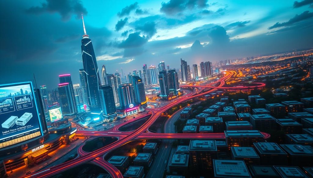 A futuristic cityscape of gleaming skyscrapers and towering digital infrastructure, illuminated by a vibrant, neon-infused skyline. In the foreground, holographic billboards and augmented reality displays showcase the latest digital real estate listings, shimmering with interactive data visualizations. The middle ground features a network of virtual pathways and seamless transportation systems, connecting the digital realm to the physical world. In the background, a sprawling panorama of interconnected server farms and data centers, the beating heart of this digitally transformed real estate landscape. Capture this scene with a cinematic, wide-angle lens, bathed in a warm, futuristic glow that conveys the sense of progress and innovation transforming Mexico's real estate industry. A futuristic cityscape of gleaming skyscrapers and towering digital infrastructure, illuminated by a vibrant, neon-infused skyline. In the foreground, holographic billboards and augmented reality displays showcase the latest digital real estate listings, shimmering with interactive data visualizations. The middle ground features a network of virtual pathways and seamless transportation systems, connecting the digital realm to the physical world. In the background, a sprawling panorama of interconnected server farms and data centers, the beating heart of this digitally transformed real estate landscape. Capture this scene with a cinematic, wide-angle lens, bathed in a warm, futuristic glow that conveys the sense of progress and innovation transforming Mexico's real estate industry.