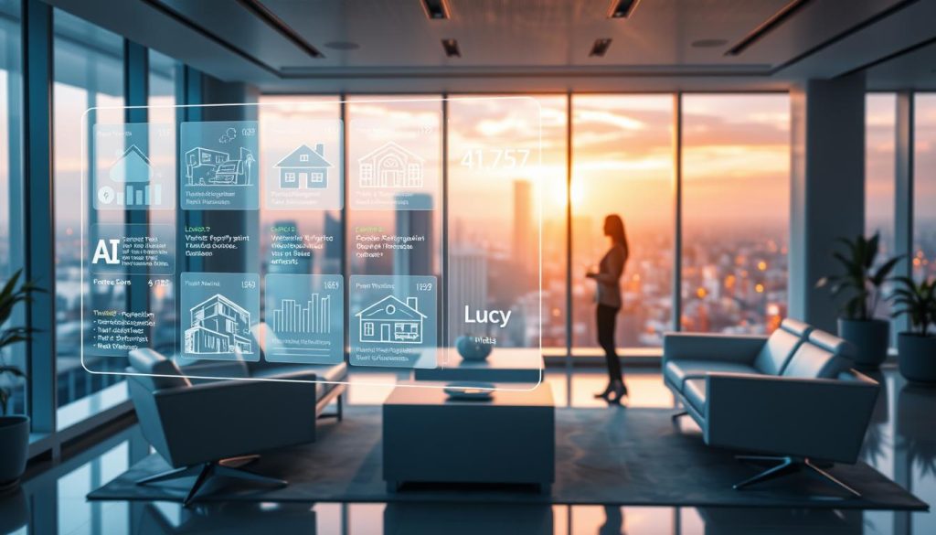 A futuristic office interior with sleek, modern furniture and large windows overlooking a vibrant cityscape. In the foreground, a holographic display showcases various property options, each with detailed information, visualizations, and AI-generated recommendations. The middle ground features a stylized AI assistant, "Lucy," interacting with a potential homebuyer, guiding them through the property selection process. The background is filled with a warm, ambient lighting, creating a sense of technological sophistication and a welcoming atmosphere. The scene conveys the seamless integration of AI-powered real estate assistance, empowering individuals to make smarter, more informed property decisions. A futuristic office interior with sleek, modern furniture and large windows overlooking a vibrant cityscape. In the foreground, a holographic display showcases various property options, each with detailed information, visualizations, and AI-generated recommendations. The middle ground features a stylized AI assistant, "Lucy," interacting with a potential homebuyer, guiding them through the property selection process. The background is filled with a warm, ambient lighting, creating a sense of technological sophistication and a welcoming atmosphere. The scene conveys the seamless integration of AI-powered real estate assistance, empowering individuals to make smarter, more informed property decisions.
