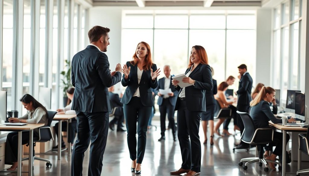 A group of professional real estate agents gathered in a modern, well-lit office setting. In the foreground, three agents in formal attire stand confidently, engaged in a lively discussion, gesturing animatedly. In the middle ground, several other agents are seated at their desks, reviewing documents and using computers, reflecting the bustling nature of their work. The background features floor-to-ceiling windows, allowing natural light to fill the space and create a warm, inviting atmosphere. The overall scene conveys a sense of professionalism, collaboration, and the dynamic nature of the real estate industry. A group of professional real estate agents gathered in a modern, well-lit office setting. In the foreground, three agents in formal attire stand confidently, engaged in a lively discussion, gesturing animatedly. In the middle ground, several other agents are seated at their desks, reviewing documents and using computers, reflecting the bustling nature of their work. The background features floor-to-ceiling windows, allowing natural light to fill the space and create a warm, inviting atmosphere. The overall scene conveys a sense of professionalism, collaboration, and the dynamic nature of the real estate industry.