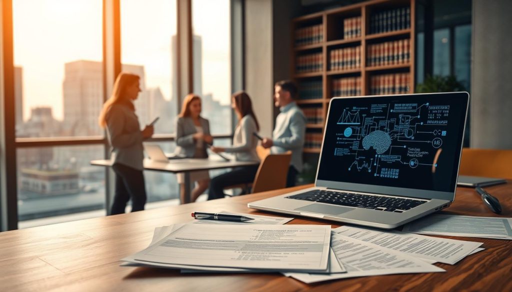 A modern office interior with a large window overlooking a cityscape. In the foreground, a desk with a laptop and various documents, symbolizing real estate compliance. On the laptop screen, a visualization of AI algorithms analyzing data. In the middle ground, a team of professionals collaborating, discussing compliance issues. The background features architectural elements, such as shelves with legal books, conveying a sense of authority and expertise. The lighting is warm and focused, creating a professional and productive atmosphere. The composition emphasizes the integration of AI technology into the real estate compliance process. A modern office interior with a large window overlooking a cityscape. In the foreground, a desk with a laptop and various documents, symbolizing real estate compliance. On the laptop screen, a visualization of AI algorithms analyzing data. In the middle ground, a team of professionals collaborating, discussing compliance issues. The background features architectural elements, such as shelves with legal books, conveying a sense of authority and expertise. The lighting is warm and focused, creating a professional and productive atmosphere. The composition emphasizes the integration of AI technology into the real estate compliance process.