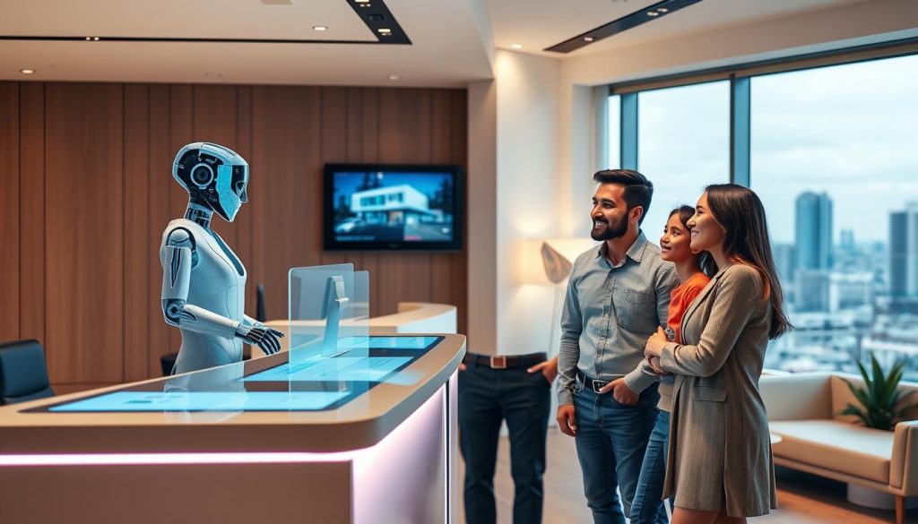 A modern, well-appointed real estate office with an AI-powered virtual assistant greeting a family of three. The assistant, represented by a friendly holographic avatar, stands at a sleek reception desk, guiding the clients through a seamless, personalized experience. The office interior features clean lines, warm lighting, and digital displays showcasing property details. In the background, a large window offers a scenic cityscape view, creating a sense of openness and sophistication. The family's expressions convey a sense of ease and confidence in the AI-enhanced service, reflecting the transformative power of technology in the real estate industry. A modern, well-appointed real estate office with an AI-powered virtual assistant greeting a family of three. The assistant, represented by a friendly holographic avatar, stands at a sleek reception desk, guiding the clients through a seamless, personalized experience. The office interior features clean lines, warm lighting, and digital displays showcasing property details. In the background, a large window offers a scenic cityscape view, creating a sense of openness and sophistication. The family's expressions convey a sense of ease and confidence in the AI-enhanced service, reflecting the transformative power of technology in the real estate industry.