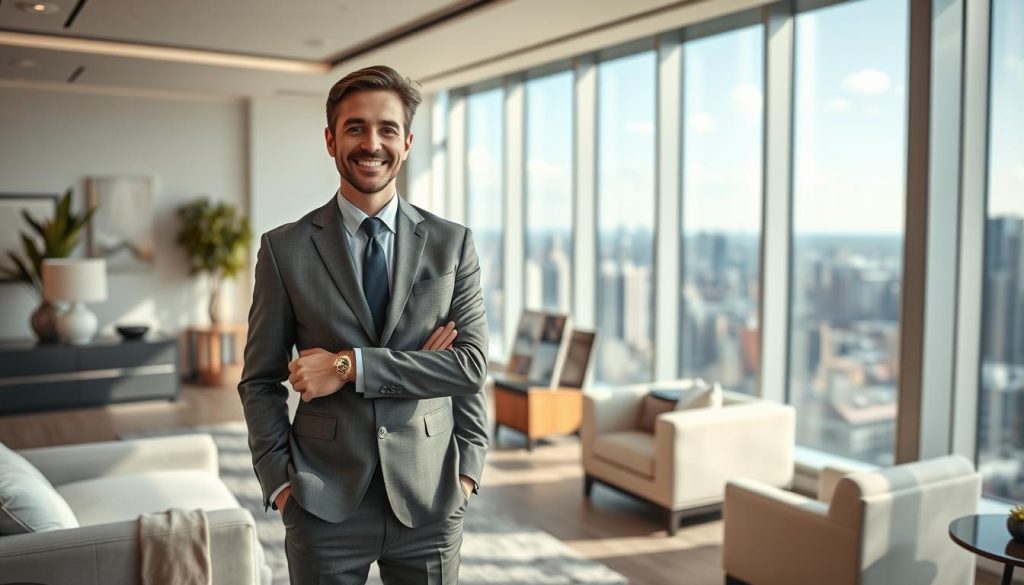 A serene, modern real estate office with large windows overlooking a vibrant city skyline. In the foreground, a real estate agent stands confidently, wearing a crisp suit and warm smile, ready to assist clients. Elegant furniture and tasteful decor create a professional yet welcoming atmosphere. The middle ground features a display of property listings, showcasing the breadth of services offered. In the background, a panoramic view of the cityscape, hinting at the diverse real estate opportunities available. Soft, natural lighting illuminates the scene, conveying a sense of transparency and trustworthiness. The overall mood is one of expertise, diligence, and a commitment to guiding property sellers towards their strategic goals. A serene, modern real estate office with large windows overlooking a vibrant city skyline. In the foreground, a real estate agent stands confidently, wearing a crisp suit and warm smile, ready to assist clients. Elegant furniture and tasteful decor create a professional yet welcoming atmosphere. The middle ground features a display of property listings, showcasing the breadth of services offered. In the background, a panoramic view of the cityscape, hinting at the diverse real estate opportunities available. Soft, natural lighting illuminates the scene, conveying a sense of transparency and trustworthiness. The overall mood is one of expertise, diligence, and a commitment to guiding property sellers towards their strategic goals.