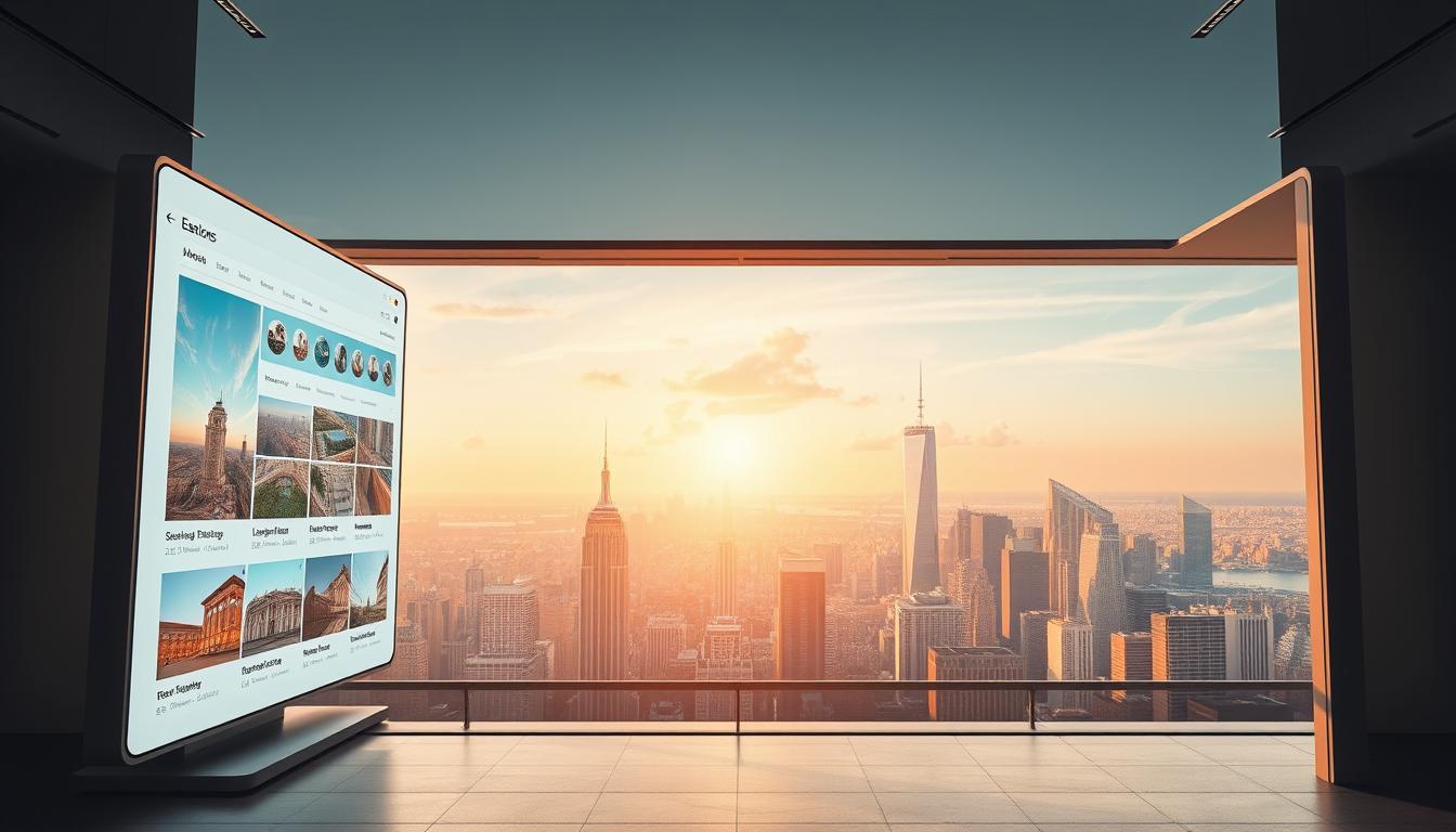 A sprawling, modern real estate platform with a sleek, minimalist design. In the foreground, a large digital display showcases detailed property listings, with high-resolution images and comprehensive information. The middle ground features a sophisticated user interface, with intuitive navigation and seamless real-time updates. In the background, a panoramic view of a vibrant city skyline, bathed in warm, golden light, sets the scene for this cutting-edge real estate experience. The overall atmosphere conveys a sense of efficiency, innovation, and the future of property transactions.