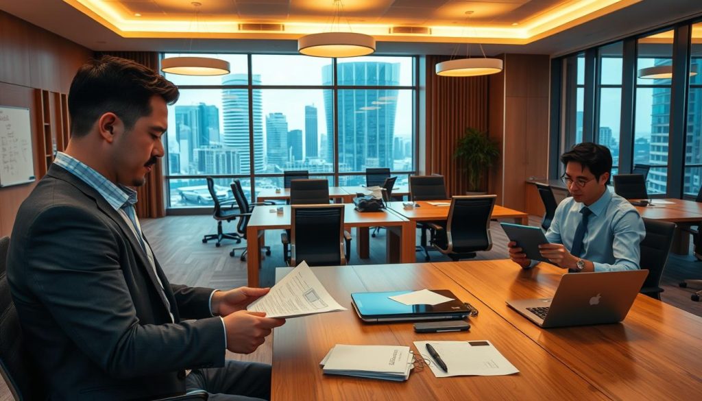 Elegant modern office interior with a large window overlooking a cityscape. Wooden desks and ergonomic chairs arranged in an open layout. Sleek technology like tablets and laptops are visible, along with organizational tools like whiteboards and filing cabinets. Warm lighting from overhead fixtures creates a professional yet inviting atmosphere. In the foreground, a businessman is reviewing paperwork, deep in thought, while another employee is using a tablet to access property management software. The overall scene conveys efficiency, productivity, and a commitment to smart, data-driven property management. Elegant modern office interior with a large window overlooking a cityscape. Wooden desks and ergonomic chairs arranged in an open layout. Sleek technology like tablets and laptops are visible, along with organizational tools like whiteboards and filing cabinets. Warm lighting from overhead fixtures creates a professional yet inviting atmosphere. In the foreground, a businessman is reviewing paperwork, deep in thought, while another employee is using a tablet to access property management software. The overall scene conveys efficiency, productivity, and a commitment to smart, data-driven property management.