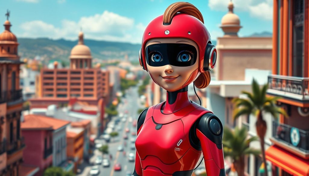 Generate an image of Lucy, a futuristic AI assistant, standing in front of a Mexican cityscape with a friendly smile. Generate an image of Lucy, a futuristic AI assistant, standing in front of a Mexican cityscape with a friendly smile.
