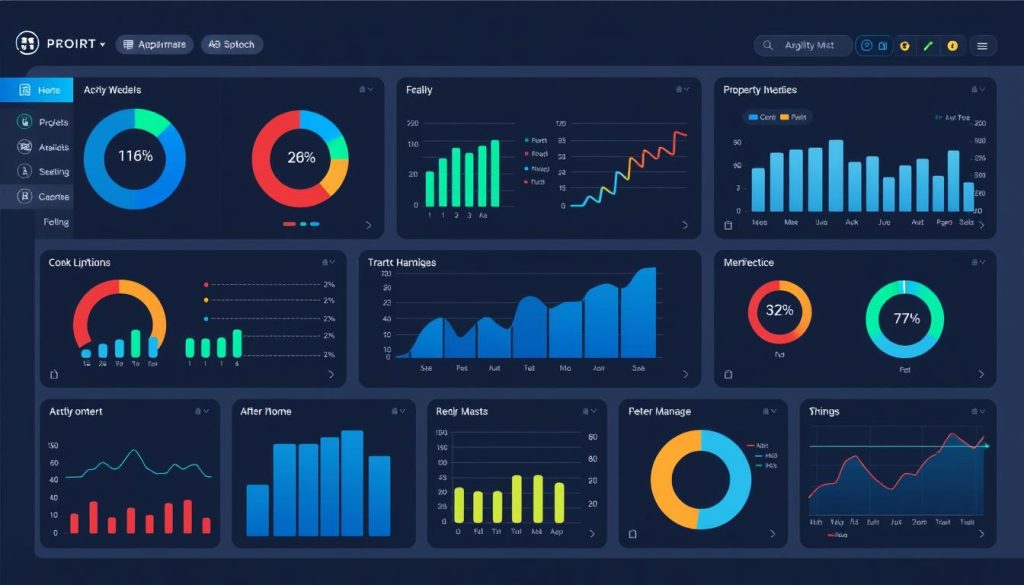 Generate an image of a modern property management dashboard with various metrics and analytics. Generate an image of a modern property management dashboard with various metrics and analytics.