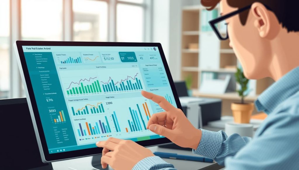 Generate an image of a person analyzing real estate investment data on a digital platform Generate an image of a person analyzing real estate investment data on a digital platform