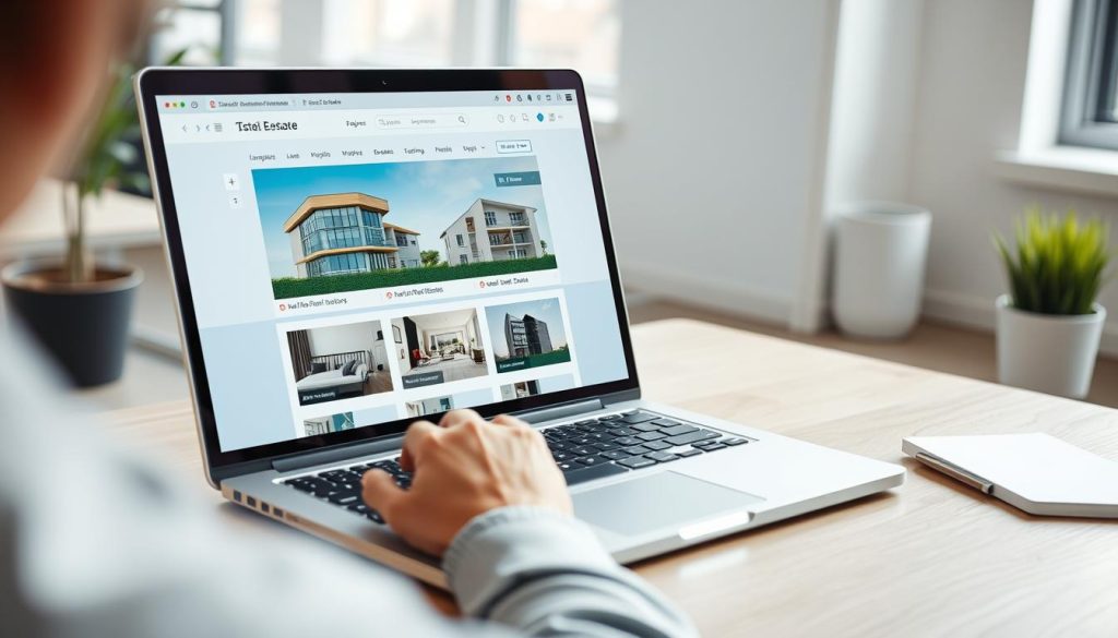Generate an image of a person using a digital real estate platform on a laptop Generate an image of a person using a digital real estate platform on a laptop