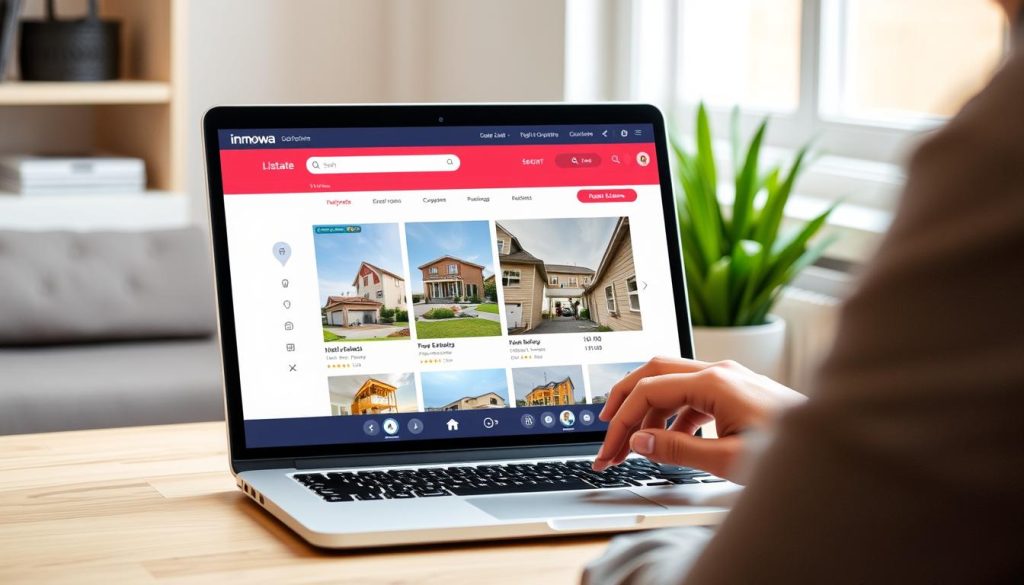 Generate an image of a person using a laptop to search for properties on the Inmowa platform. Generate an image of a person using a laptop to search for properties on the Inmowa platform.