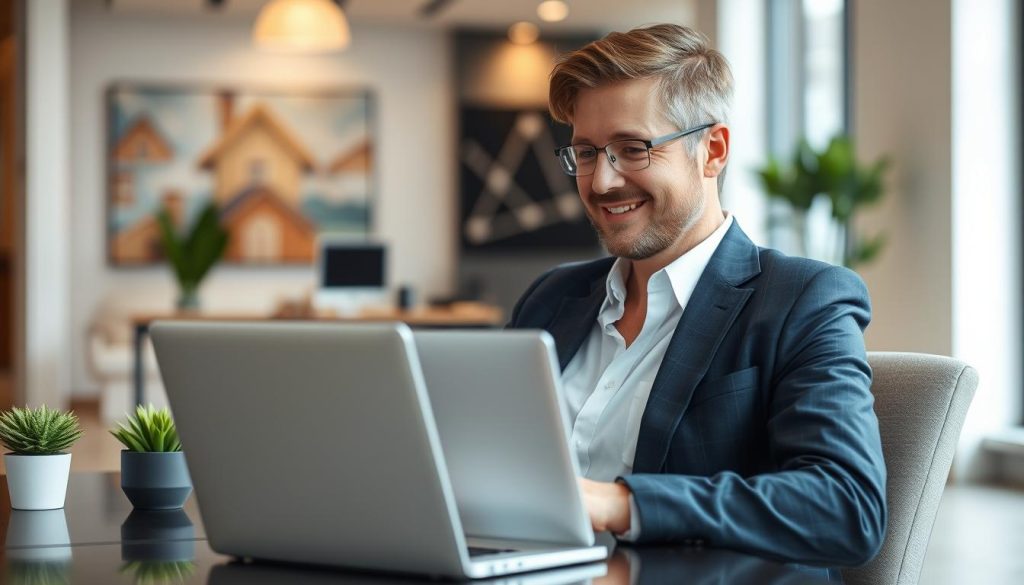 Generate an image of a real estate agent easily setting up Lucy's AI assistant on their computer. Generate an image of a real estate agent easily setting up Lucy's AI assistant on their computer.