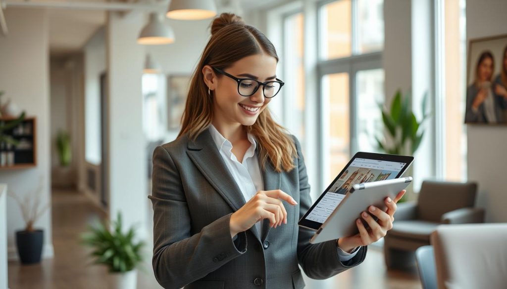 Generate an image of a real estate agent using a tablet to manage property listings. Generate an image of a real estate agent using a tablet to manage property listings.