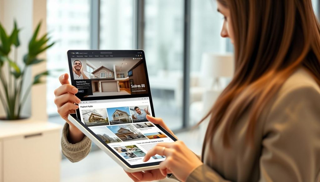 Generate an image of a real estate agent using a tablet with AI-powered marketing tools on the screen. Generate an image of a real estate agent using a tablet with AI-powered marketing tools on the screen.